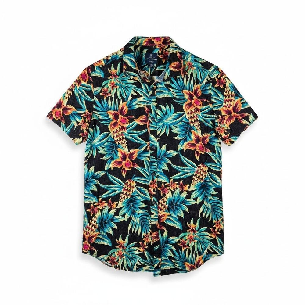 George Slim Fit Tropical Hawaiian Shirt Button Up Black Multi L Resort Travel